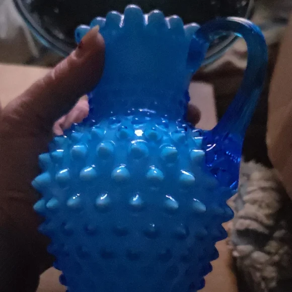 Blue Hobnail Glass Pitcher Fenton Opaque Blue Cased white milk glass Overlay - Picture 6 of 16